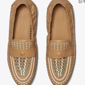🤎 Tory Burch Tan & Teal Woven Leather Loafers Flats – Size 8.5